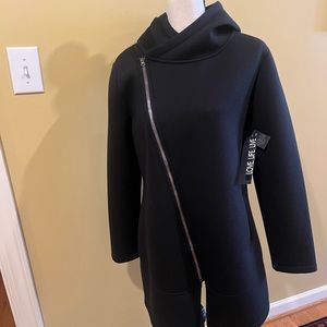 NWT Black Asymmetrical Zippered Hooded  Coat
